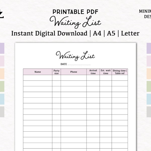 Waiting list | digital download PDF printable | A4, A5, Letter | table wait list | restaurant wait list | waiting log book