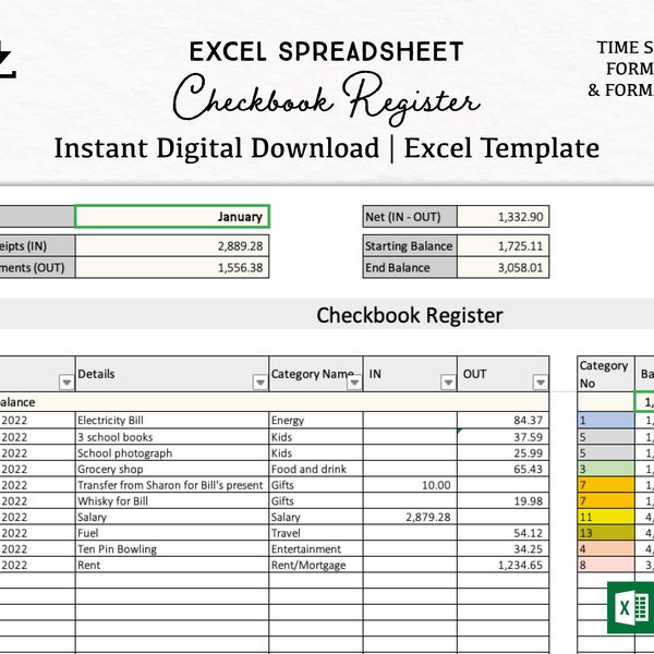 Checkbook Register Excel Spreadsheet | digital download Excel template | digital check book | Excel cashbook