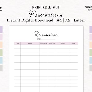 Lista de reservas / descarga digital PDF imprimible / A4, A5, Carta / lista de reservas de mesa / reservas de restaurante / libro de registro de reservas
