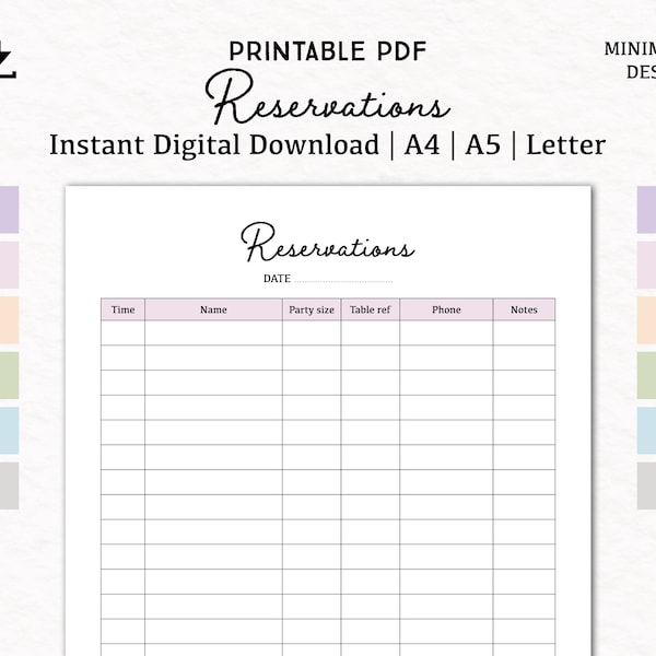 Reservations list | digital download PDF printable | A4, A5, Letter | table booking list | restaurant reservations | reservation log book