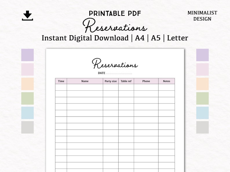 Reservations List Digital Download PDF Printable A4, A5, Letter Table