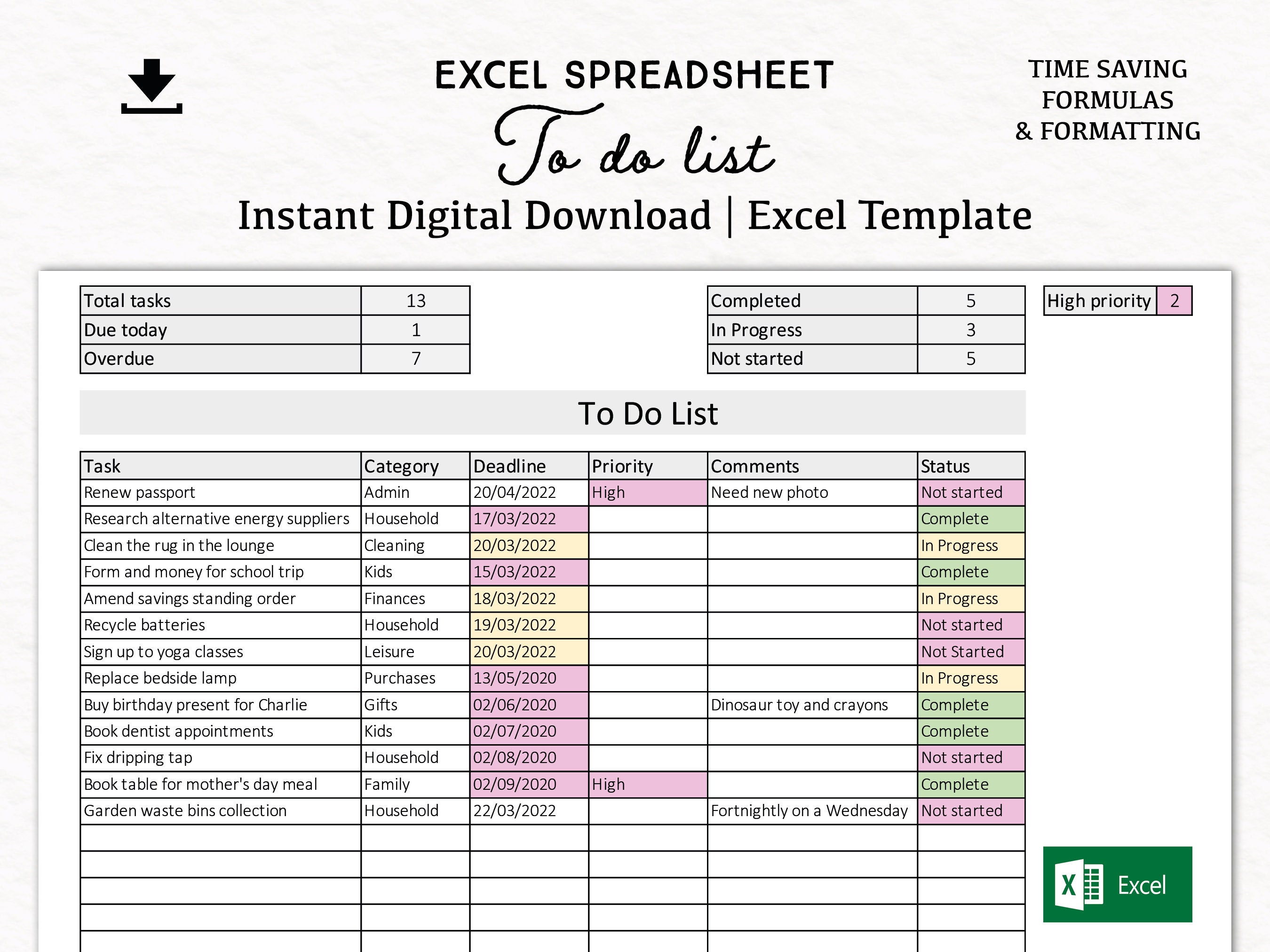 Liste des tâches de la feuille de calcul Excel - Etsy France