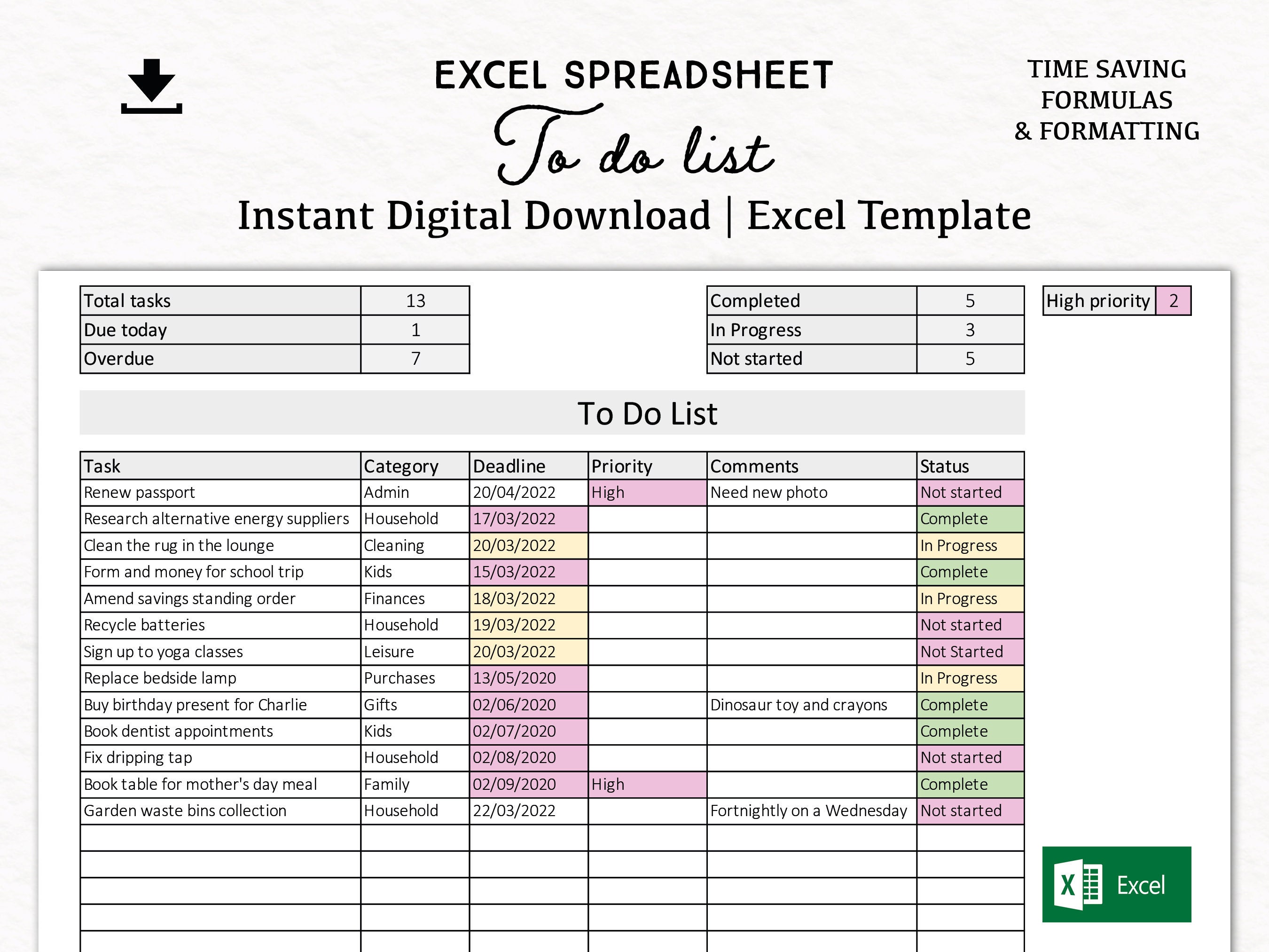 excel tasks template