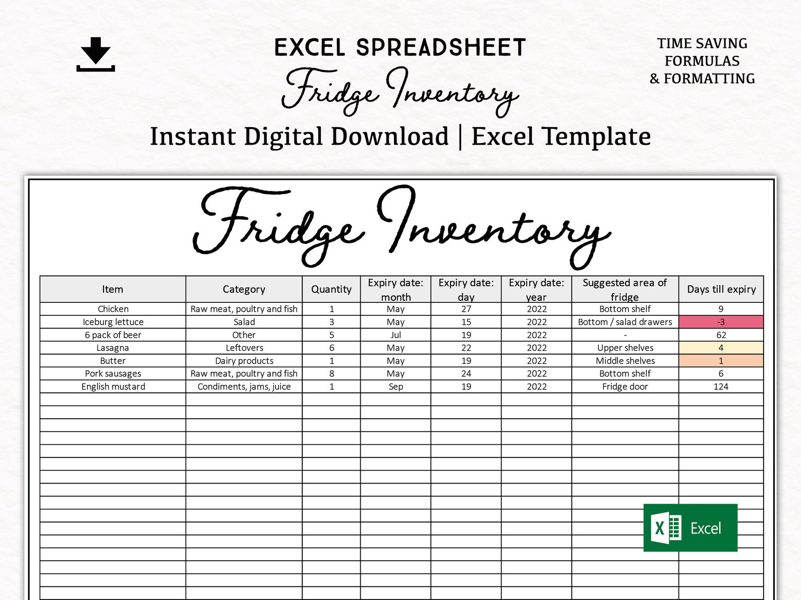 Fridge Inventory Excel Spreadsheet Digital Download Excel Template