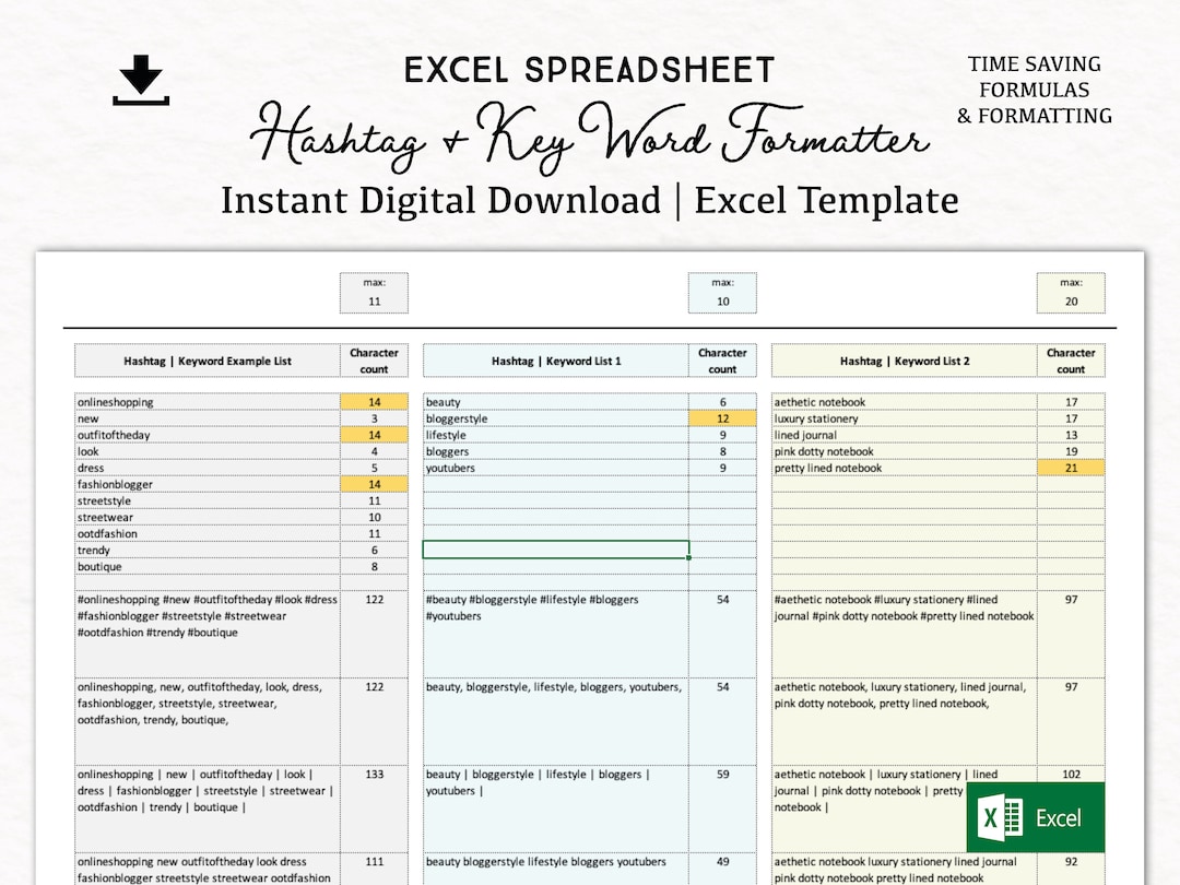 Title, Tag and Hashtag Tool Digital Download Excel Template Digital Tag