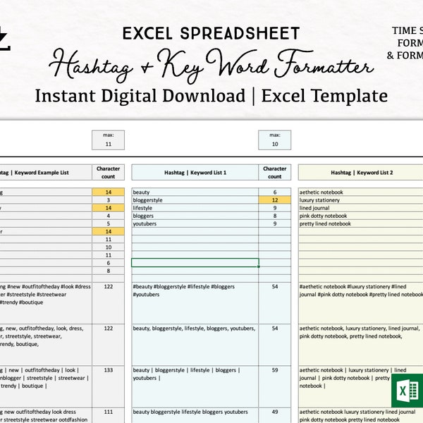 Title, tag and hashtag tool | digital download Excel template | digital tag generator | keyword list | Excel sheet | hashtag formatter