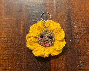 Handmade Crochet Sunflower Keychain - Cute Smiley Face Key Chain For Bag, Purse, Car Keys, Gift For Women & Girls