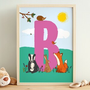 Impressão inicial personalizada, presente de bebê, decoração de berçário, decoração de sala de jogos, novo presente de bebê, impressão de nome de animal, impressão de animais da floresta, impressão de letras