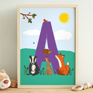 Impressão inicial personalizada, presente de bebê, decoração de berçário, decoração de sala de jogos, novo presente de bebê, impressão de nome de animal, impressão de animais da floresta, impressão de letras