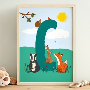 Impressão inicial personalizada, presente de bebê, decoração de berçário, decoração de sala de jogos, novo presente de bebê, impressão de nome de animal, impressão de animais da floresta, impressão de letras