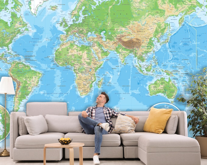 Giant RELIEF World Map (9 sizes of wallpaper or custom wallpaper) by Mapom®