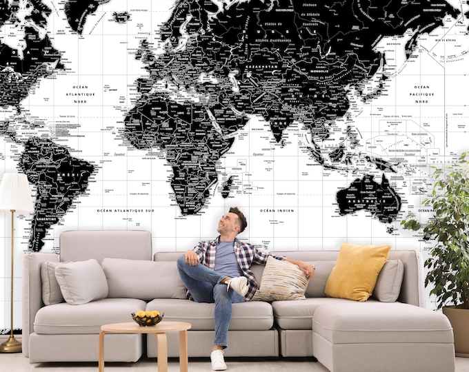 Giant BLACK & WHITE World Map (9 sizes of wallpaper or custom wallpaper) by Mapom®