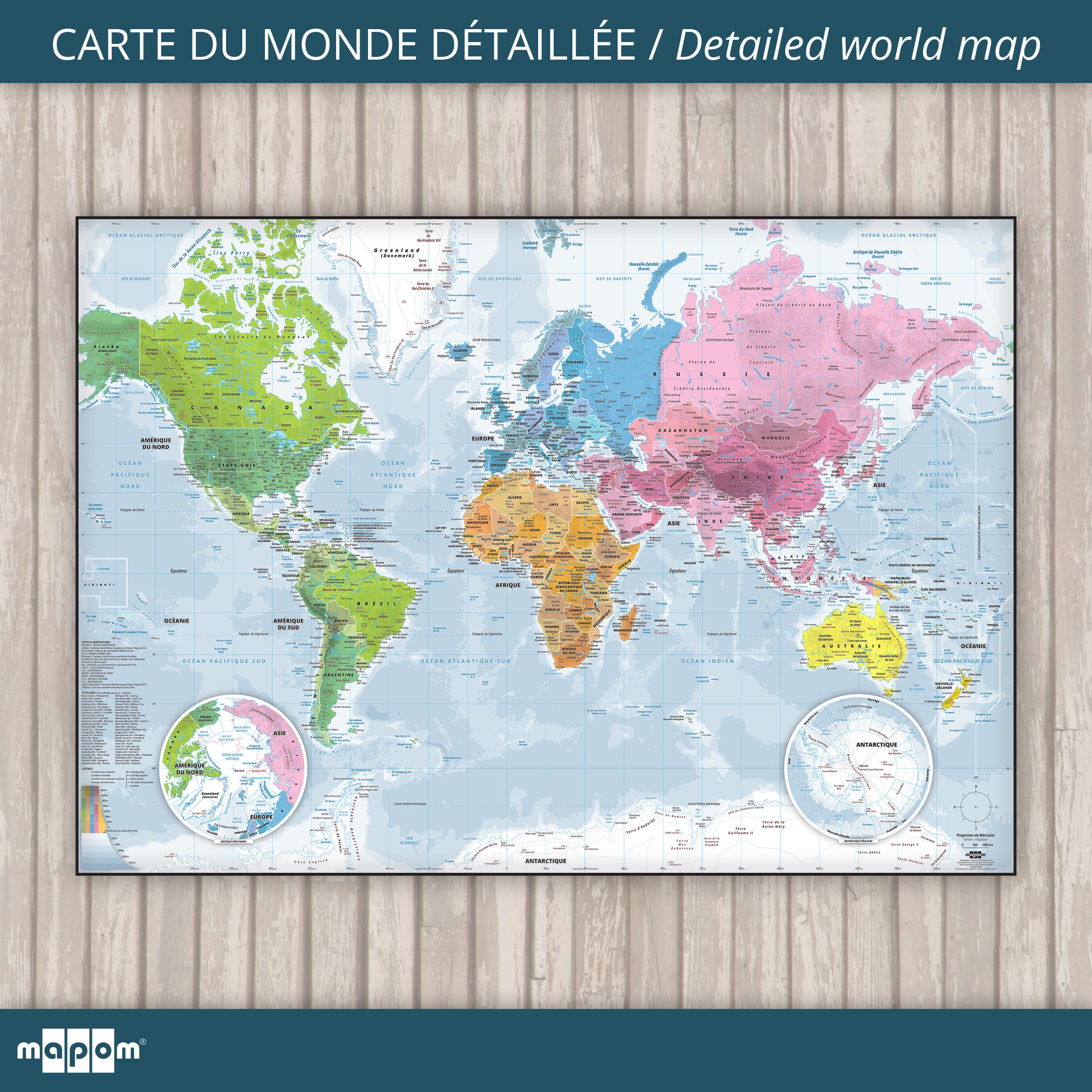 Carte Du Monde Détaillée Continents Par Mapom®