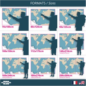 Pode incluir: Um gr&aacute;fico que mostra diferentes tamanhos de mapas do mundo, que variam de 70x100 cm a 200x300 cm. O gr&aacute;fico &eacute; dividido em nove quadrados, cada um mostrando um mapa do mundo com a silhueta de uma pessoa apontando para uma localiza&ccedil;&atilde;o no mapa.