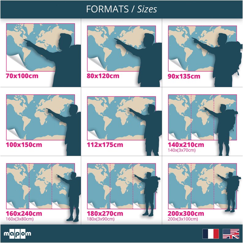 Pode incluir: Um gr&aacute;fico que mostra diferentes tamanhos de mapas do mundo, que variam de 70x100 cm a 200x300 cm. O gr&aacute;fico &eacute; dividido em nove quadrados, cada um mostrando um mapa do mundo com a silhueta de uma pessoa apontando para uma localiza&ccedil;&atilde;o no mapa.