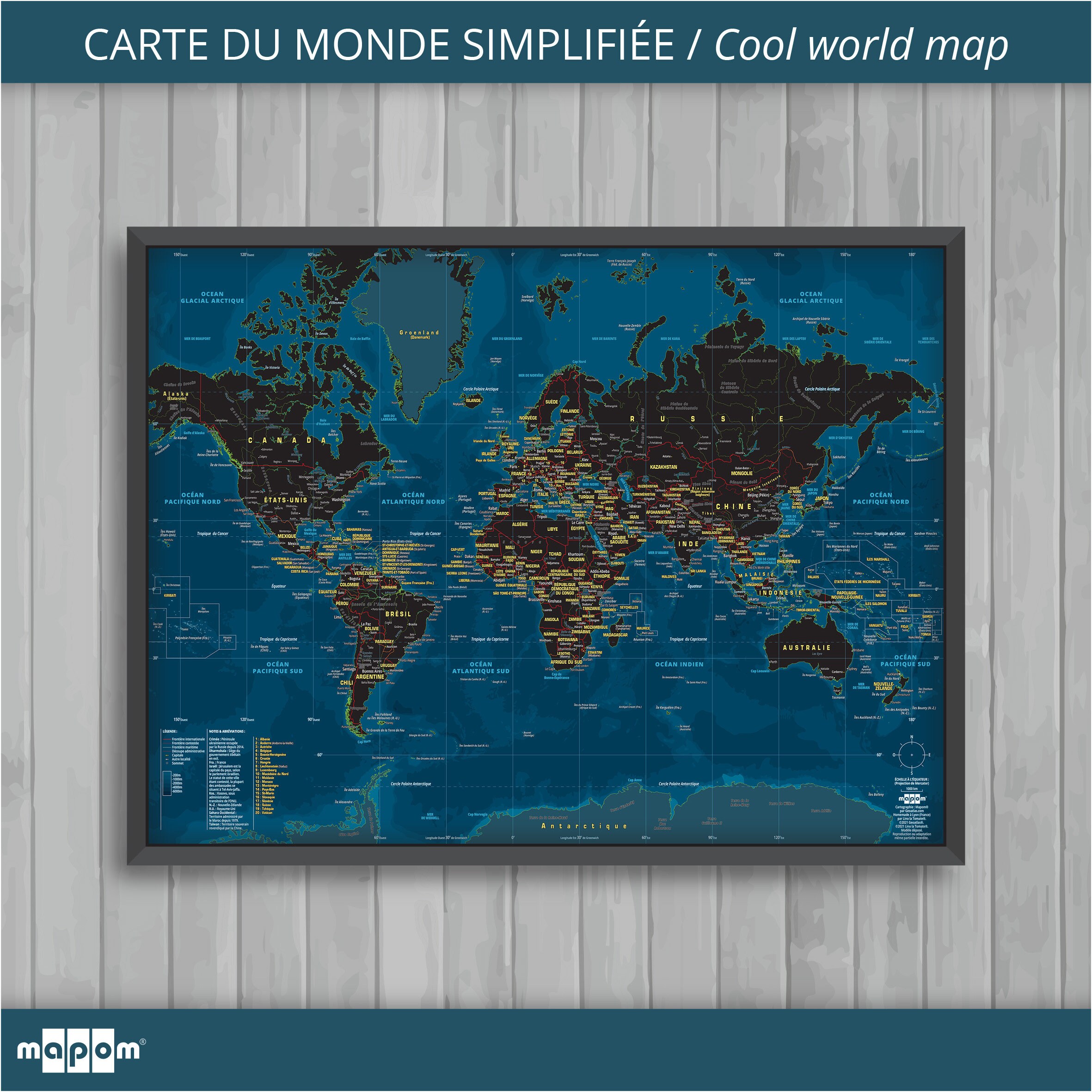 Carte Du Monde Simplifiée Night Par Mapom®