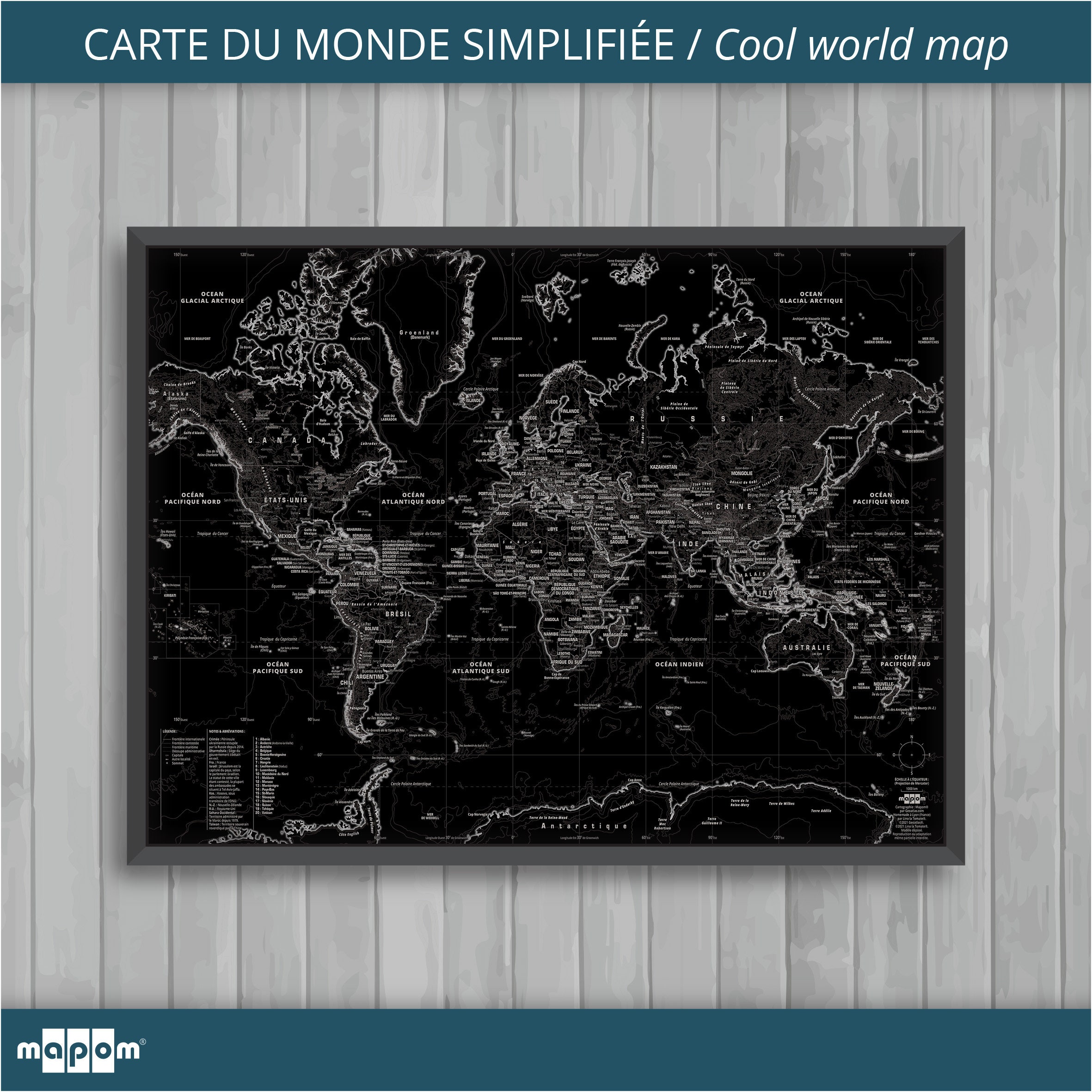 Carte Du Monde Simplifiée Dark Night Par Mapom®