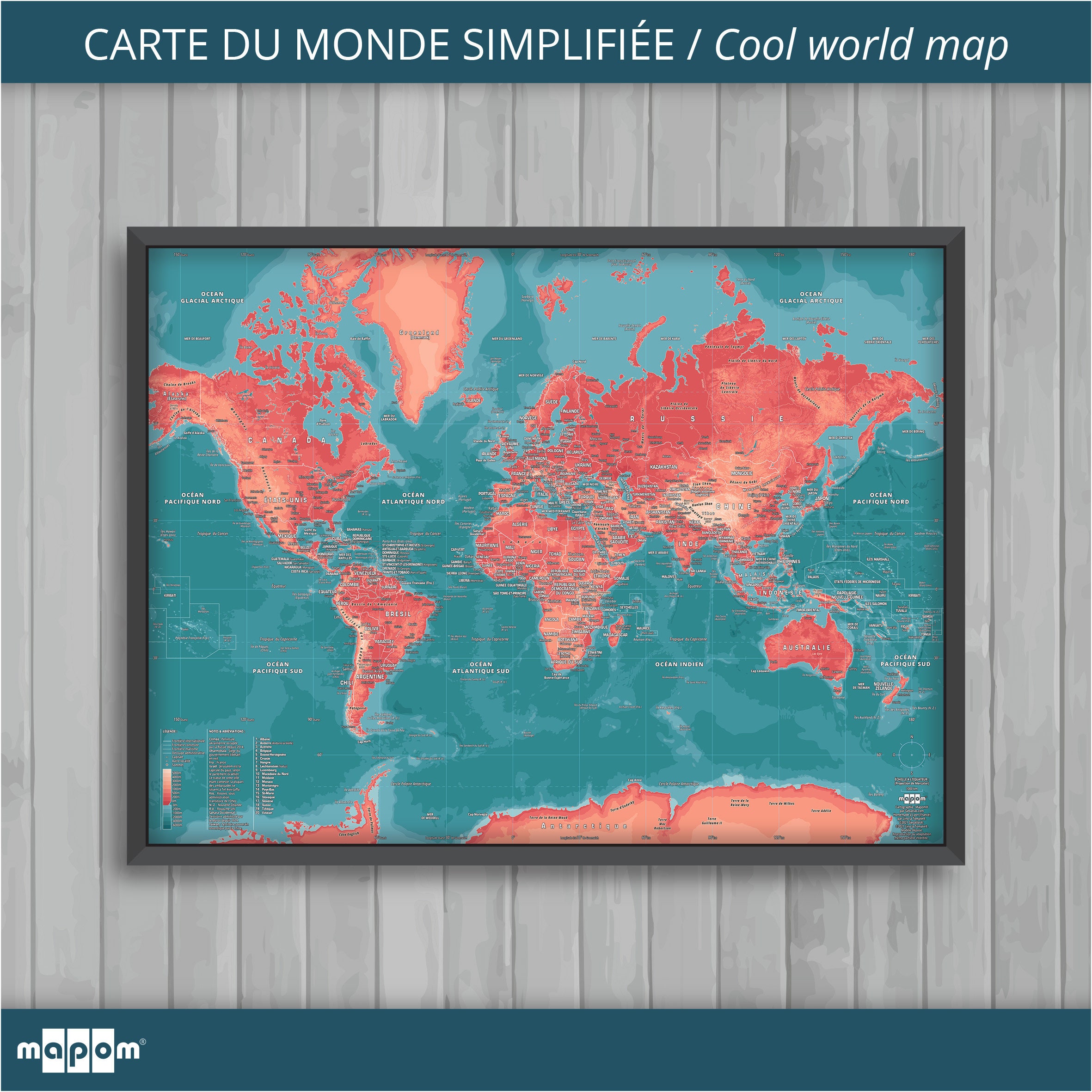 Carte Du Monde Simplifiée Coral Reef Par Mapom®
