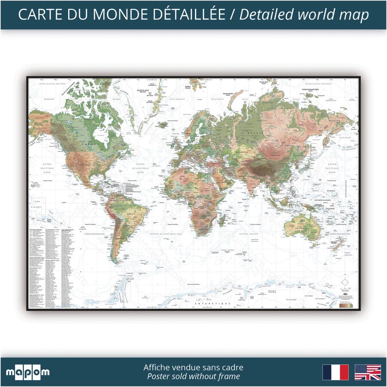 Pode incluir: Um p&ocirc;ster de mapa-m&uacute;ndi detalhado com fundo branco e moldura preta. O mapa mostra os continentes em tons de verde, marrom e vermelho, com os oceanos em azul. O p&ocirc;ster &eacute; intitulado "CARTE DU MONDE D&Eacute;TAILL&Eacute;E / Detailed world map" em franc&ecirc;s e ingl&ecirc;s.