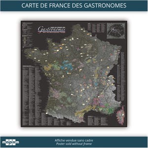 Carte de France des VINS, FROMAGES, GASTRONOMES par Mapom, ambiance Ardoise, mise à jour 2024