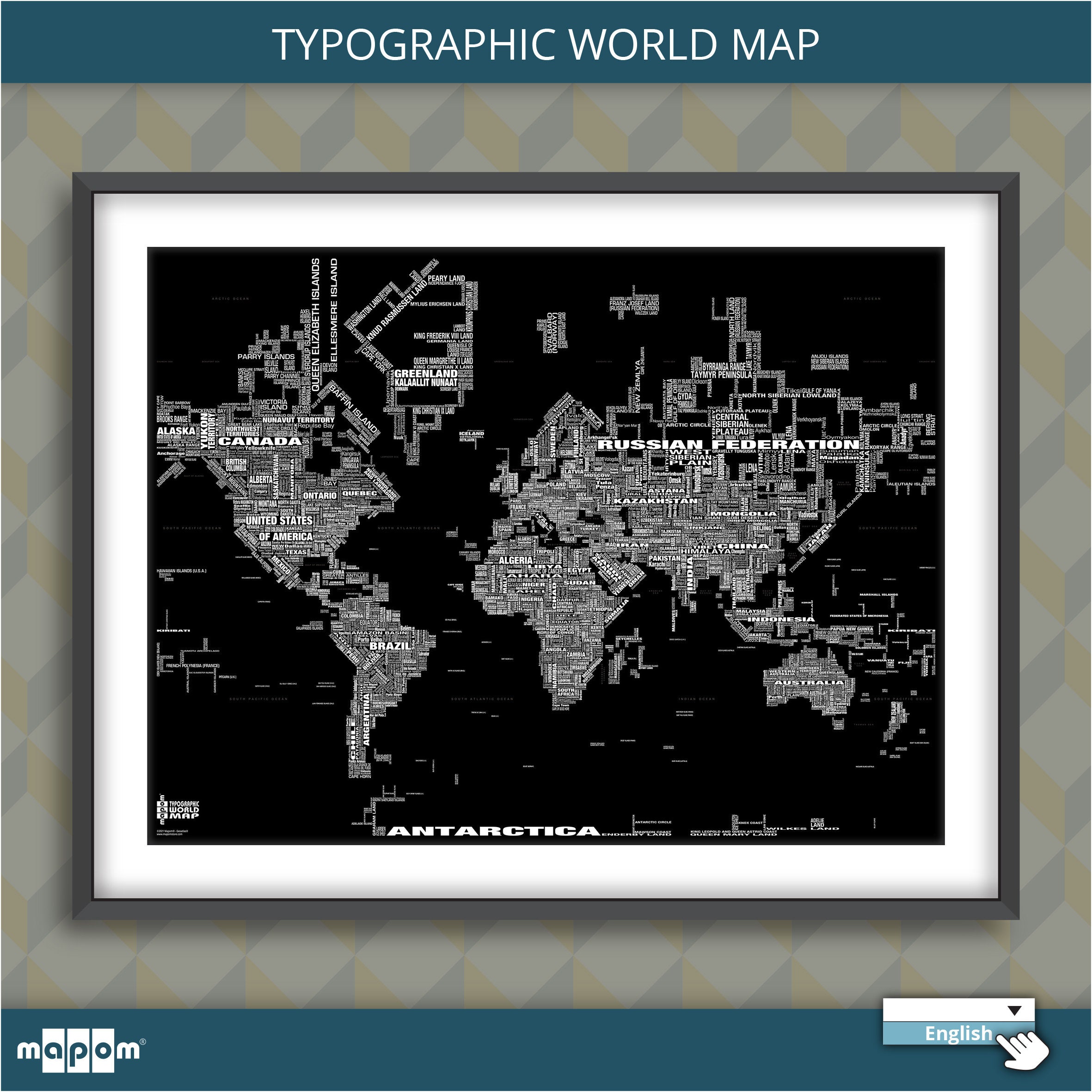 Carte Du Monde Typographique Black & White Par Mapom® | Version Anglaise Uniquement