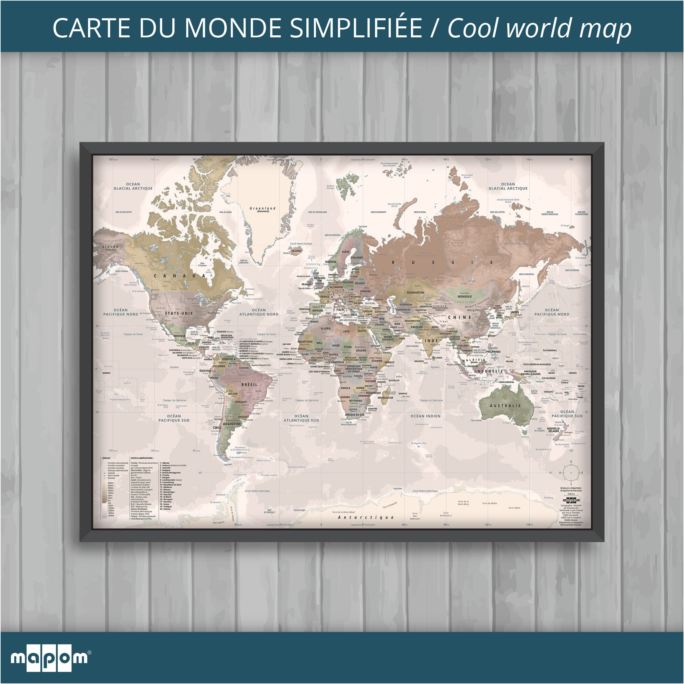 Carte Du Monde Simplifiée Vintage Par Mapom®