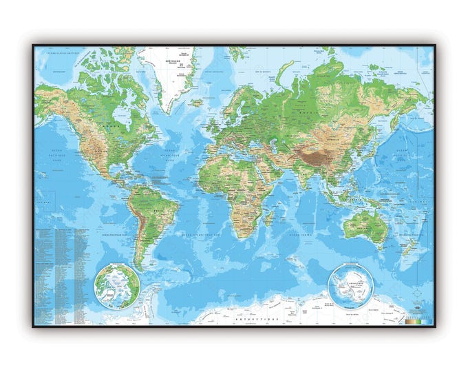 World map RELIEF style, by Mapom France