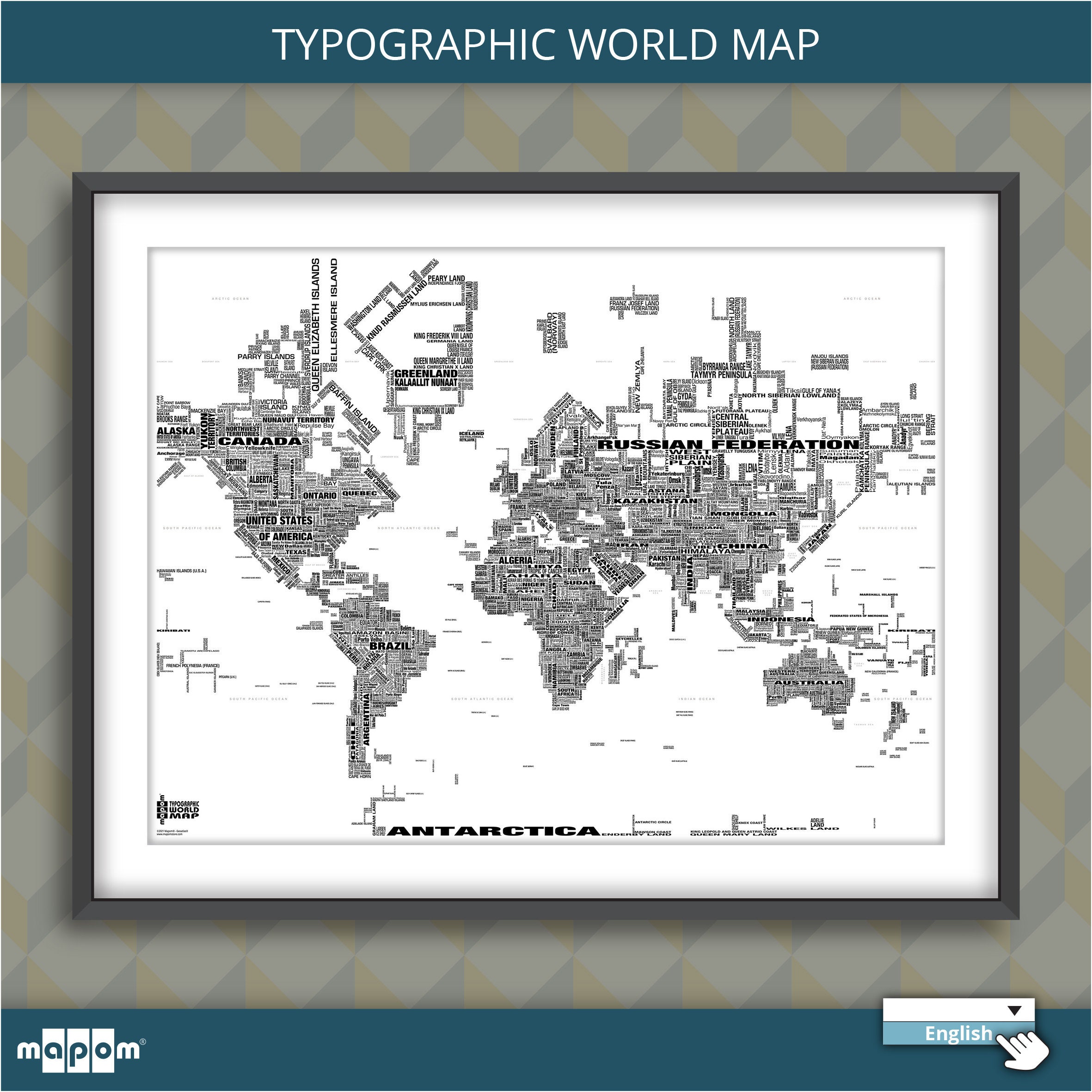 Carte Du Monde Typographique White & Black Par Mapom® | Version Anglaise Uniquement