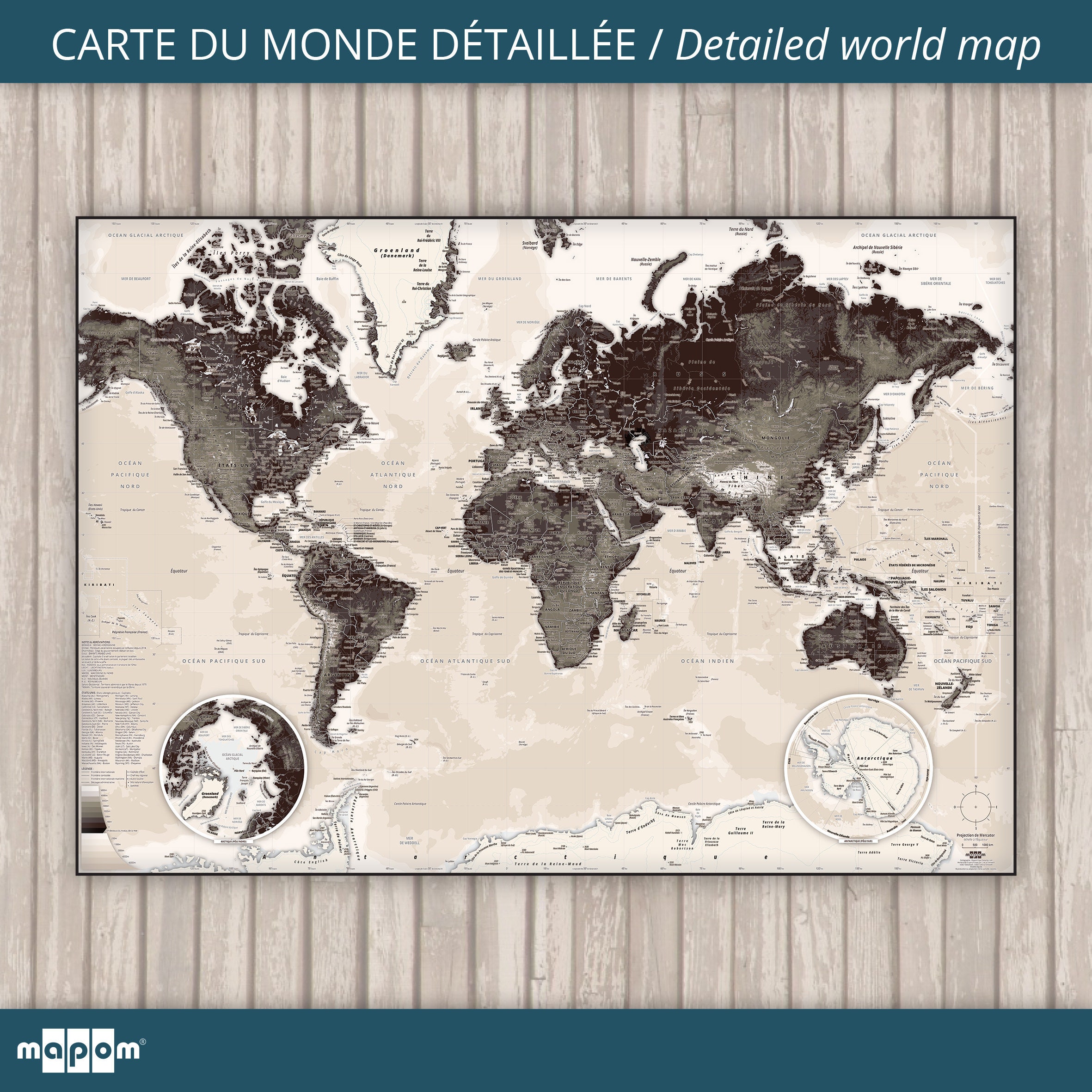 Carte Du Monde Détaillée Coffee Cream Par Mapom®