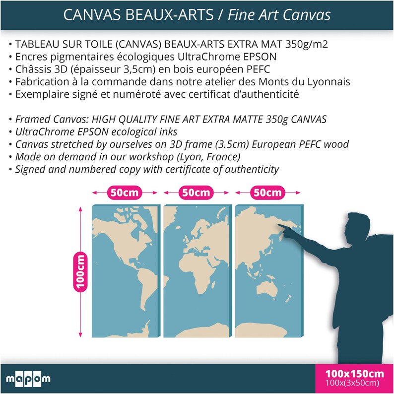 Pode incluir: Uma impress&atilde;o em tela de tr&ecirc;s pain&eacute;is de um mapa mundial em tons bege e azul. A tela &eacute; esticada em uma moldura 3D e mede 100 cm por 150 cm (100x3x50cm).