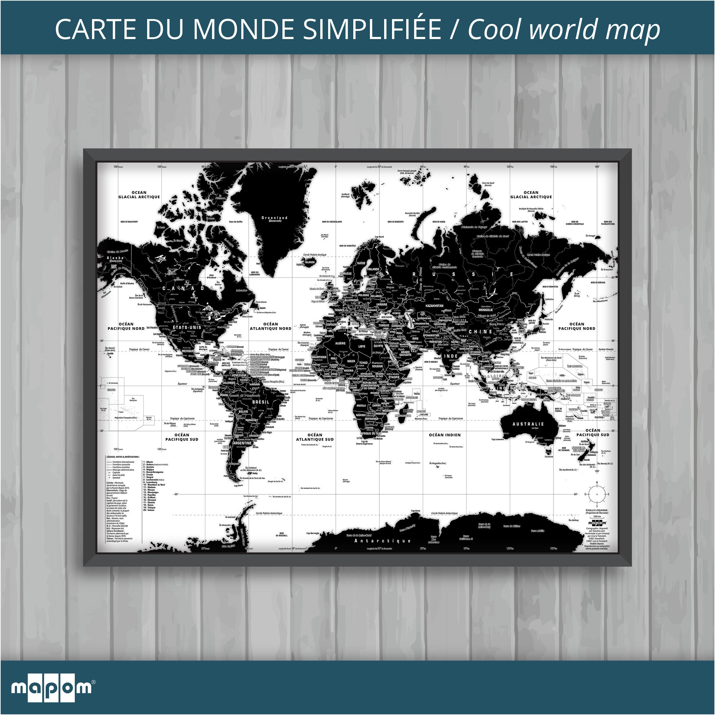 Carte Du Monde Simplifiée Black & White Par Mapom®