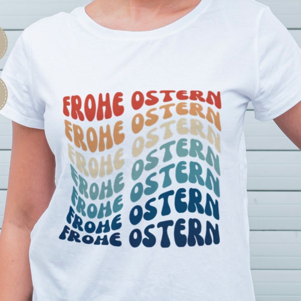 Texte rétro Frohe Ostern, arc-en-ciel de style bohème, sublimation de T-shirt de Pâques, Joyeuses Pâques allemand, SVG, fichier traceur PNG.