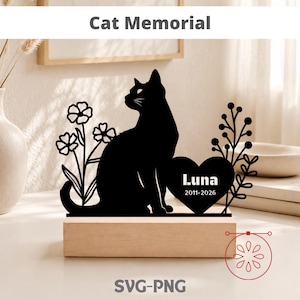 May include: A black cat memorial silhouette with the name "Luna" and dates 2011-2026 on a heart-shaped design. The memorial sits on a wooden base and includes floral accents. The text "Cat Memorial" and "SVG-PNG" are also visible.