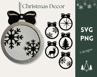 May include: Christmas decor featuring a variety of ornament designs. The main ornament has a silver glitter border, a black bow, and snowflake cutouts. Other designs include a compass, a Christmas tree, a deer, and more snowflakes. The text "Christmas Decor" is at the top.