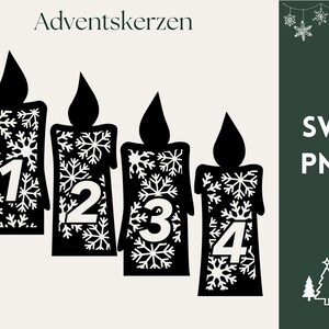May include: Black and white Advent candle design with snowflakes and numbers 1 through 4. The image includes the text "Adventskerzen" and "SVG PNG". The design is suitable for Christmas crafts and decorations.