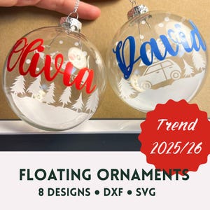 Trendy Christmas Ornament Bundle. Transparent Modern Holiday Decor SVG DXF. Personalised gift. Santa, Deer, Houses.