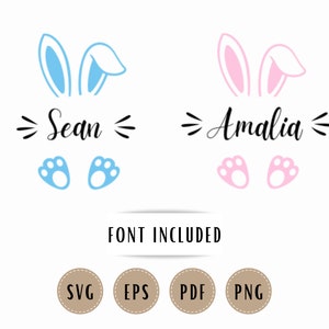 Osterhase mit Namen, Monogramm-Svg-Datei, Baby-Ostern-Outfit, Tasse, Korb, geteilter Namensrahmen mit Kaninchen, Download für Cricut, Plotter