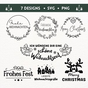 Può includere: Una collezione di sette disegni a tema natalizio in formati SVG e PNG. I disegni includono ghirlande festive, campane e auguri di festa come "Merry Christmas" e "Frohe Weihnachten" in bianco e nero.