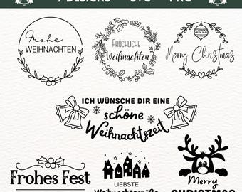 May include: A collection of seven Christmas-themed designs in SVG and PNG formats. The designs include festive wreaths, bells, and holiday greetings such as "Merry Christmas" and "Frohe Weihnachten" in a black and white color scheme.