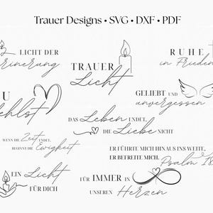 Deutsche Trauersprüche, Elegante Gedenkkerze, Trauer-Erinnerungsgeschenk, Friedhofs-Schild Schneidedatei für Plotter, DXF, PNG, SVG.