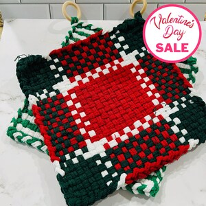 Handmade Loomed Cotton Potholder Set, Christmas Kitchen Decor, Trivet, set of 2