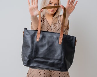 Black leather tote bag for women purse large work shoulder bag handbag laptop bag women gift for her mother wife birthday