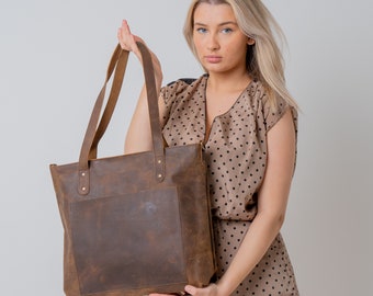 Genuine Leather Tote Bag Leather Anniversary Wedding Gift for Women Men Zipper Leather Purse Custom Gift for Her Travel