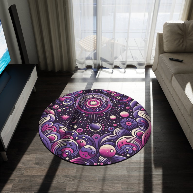 Round Rug Purple Pink Rug, Circle Rug, Lounge Rug, Bedroom Rug, Retro ...