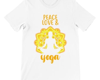 Peace Love Yoga Orange Yellow Slogan Tee Gift For Him & Her Yoga Lovers, Present for Yoga Fans Premium Unisex Crewneck T-shirt