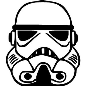 May include: A black and white illustration of a Stormtrooper helmet. The helmet features a rounded top, a visor, and a mouth grill. The design is a classic representation of the iconic Star Wars character.