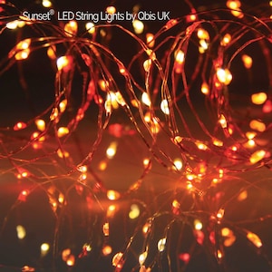 May include: Sunset LED string lights by Qbis UK. A close-up of a string of copper wire lights with small, warm-toned LED bulbs. The lights are a mix of orange and yellow, creating a warm glow. The text "Sunset LED String Lights by Qbis UK" is visible.