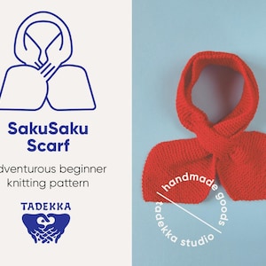 May include: A red knitted scarf with a looped design, set against a light blue backdrop. The scarf is handmade and features a simple, beginner-friendly pattern. The image also includes the text "SakuSaku Scarf" and "adventurous beginner knitting pattern."