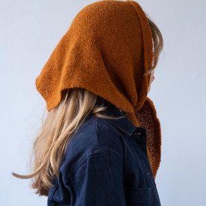May include: A brown knitted scarf with a long, flowing end. The scarf is worn over the head and tied at the neck.