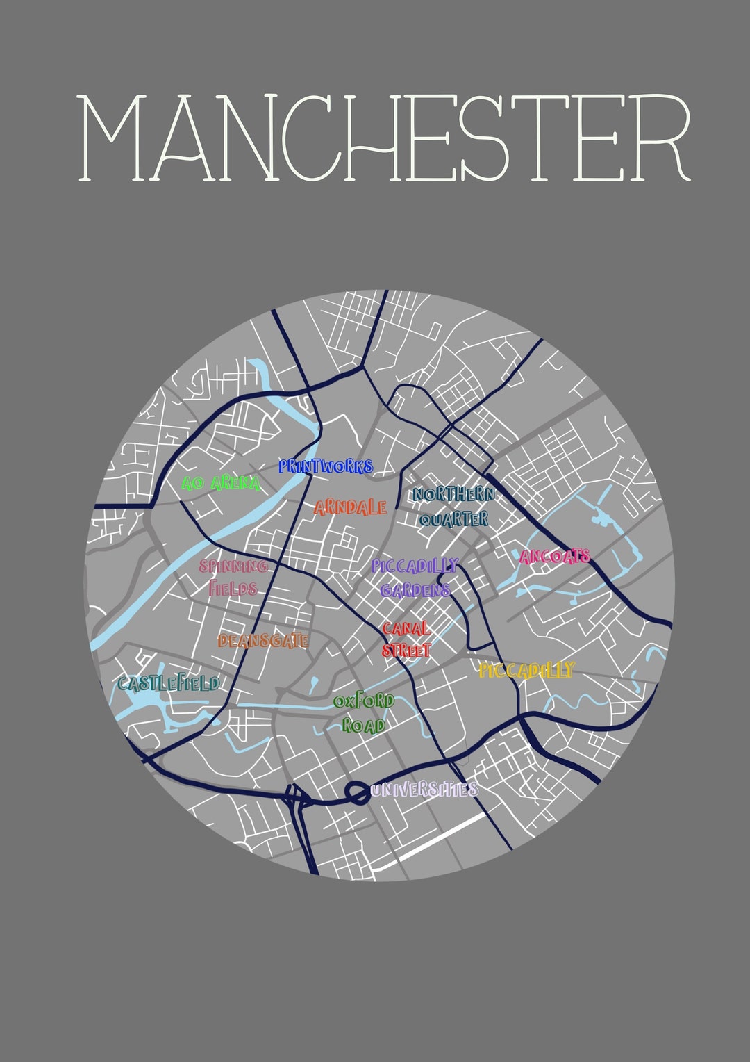 Manchester City Centre Map Etsy Israel
